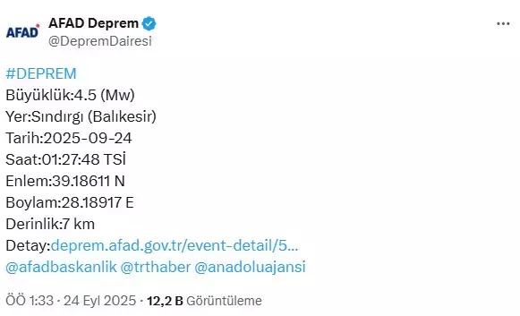 Balıkesir Sındırgı’da 4.5 büyüklüğünde deprem