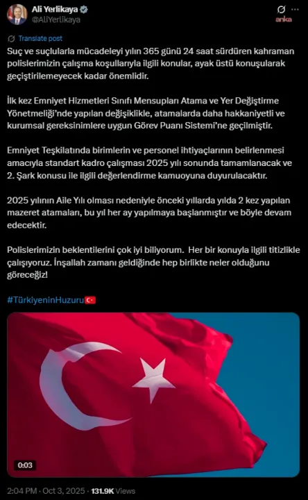 GÜNDEM
																														
								

								Bakan Yerlikaya duyurdu! Emniyet atamalarında Görev Puanı Sistemi'ne geçildi